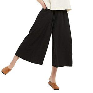 NWOT wide-leg black cotton & linen drawstring culotte pants, size 3X